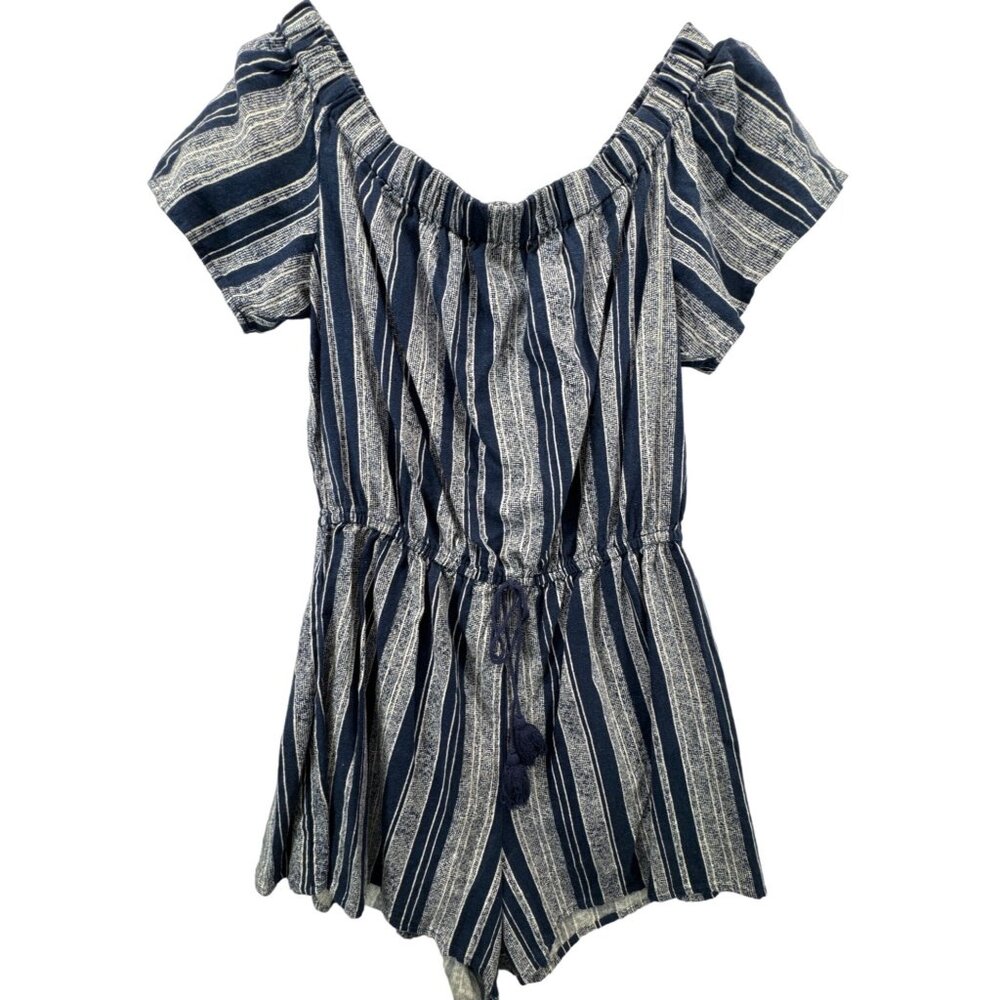 Bebop Womens Romper Sz L Blue Striped Linen Tassel Beachy Casual Resort Cruise